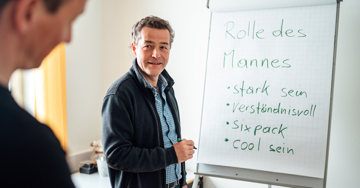 Männerberatungssituation mit Flipchart zum Thema Rollenbilder und Erwartungen im Umgang mit Konflikten und Gewalt.