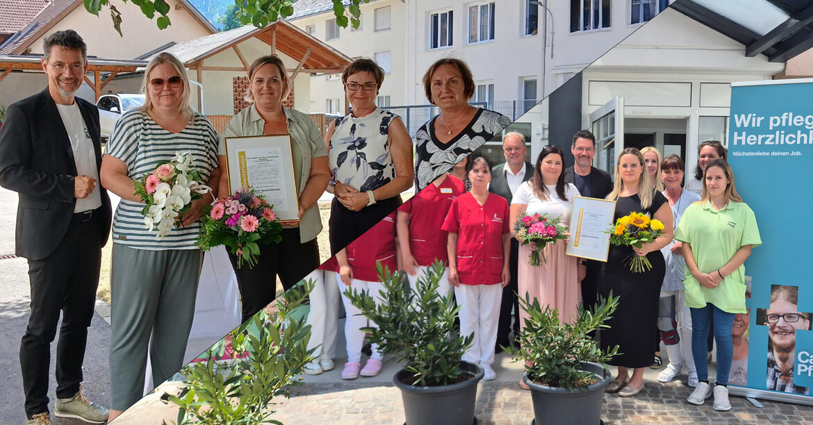 Mitarbeitende der Pflege stehen bei einer Auszeichnung mit Urkunden und Blumen vor einem Caritas-Standort