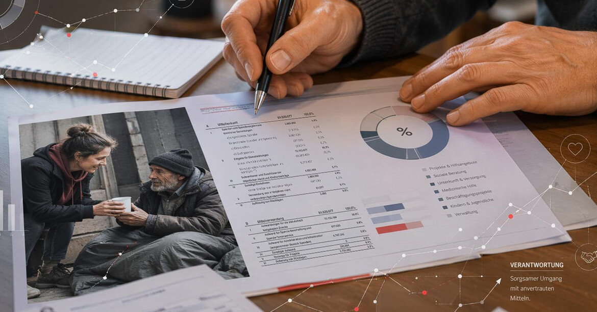 Person schreibt auf Bericht mit Diagrammen; Finanzübersicht Caritas Kärnten zeigt Mittel für Hilfsprojekte und Spendenauswertung